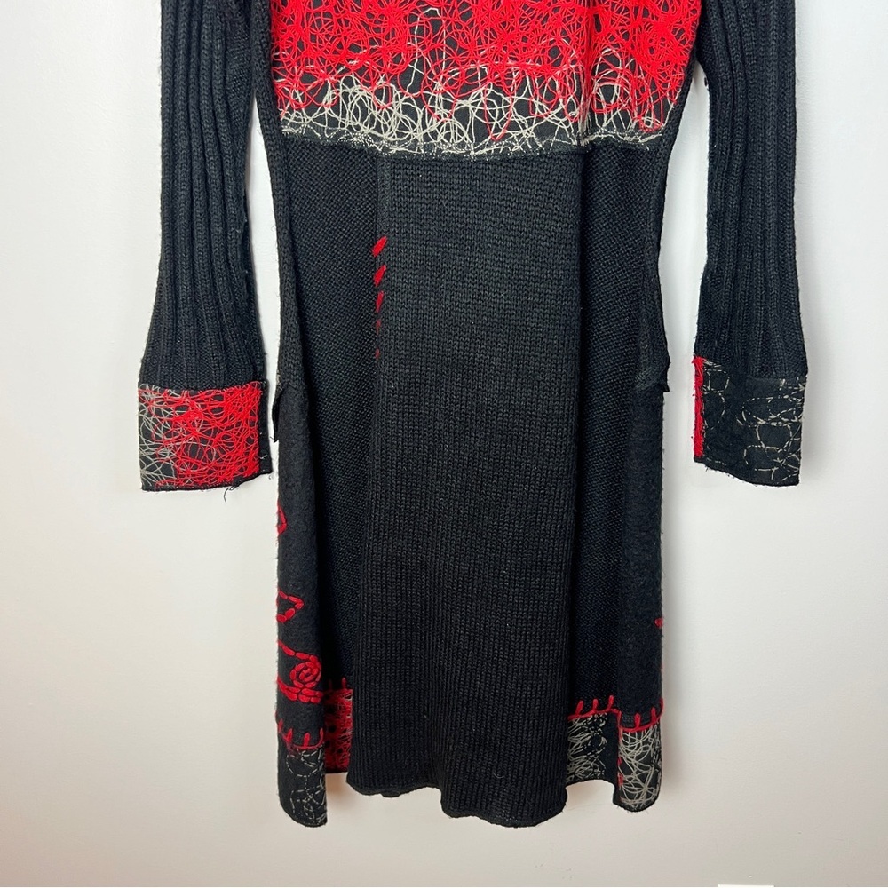 Vintage Concept Black Wool Blend Button Up Sweater Coat with Red Accents Women M - Picture 10 of 11